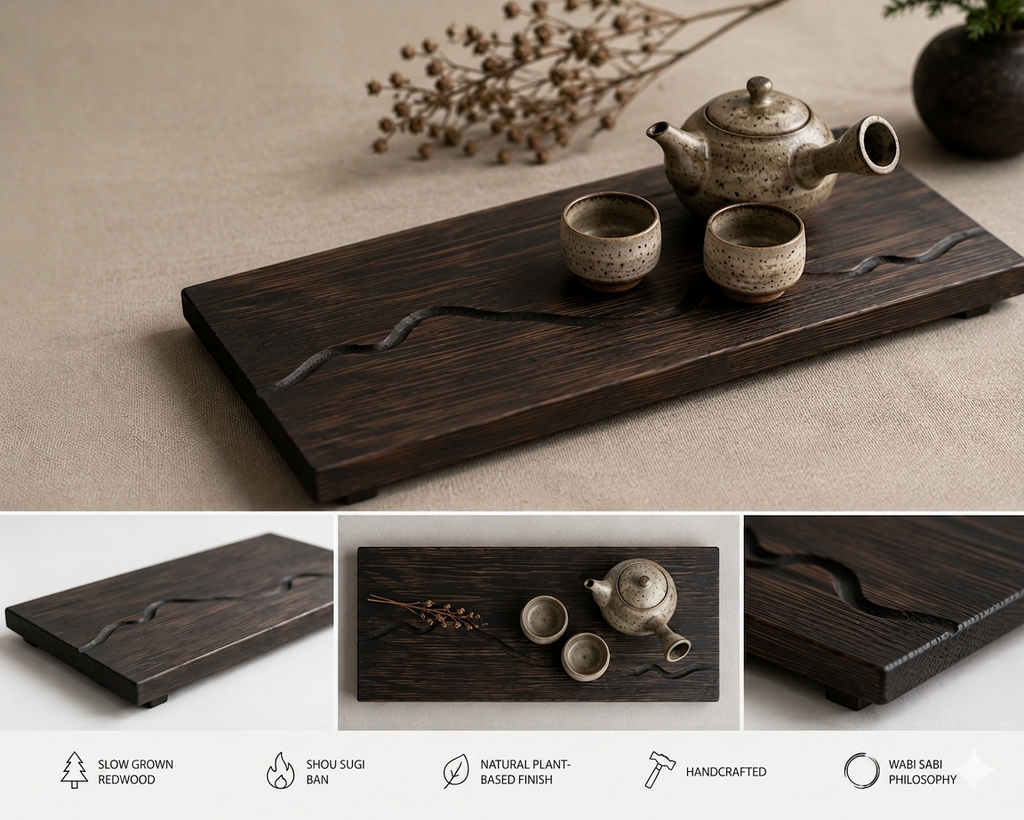 The SoraNami Tea Tray | Handcrafted Japanese Wood Tray | Shou Sugi Ban Akamatsu Pine | Horizon Collection