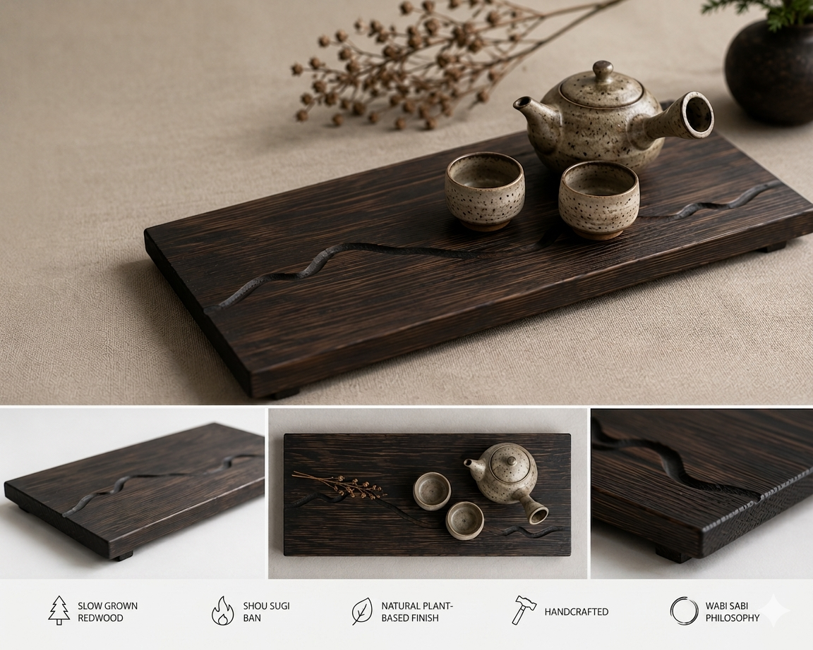 The SoraNami Tea Tray | Handcrafted Japanese Wood Tray | Shou Sugi Ban Akamatsu Pine | Horizon Collection