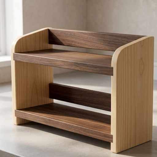 Wooden free standing counter top shelf, with two shelves on a neutral background.