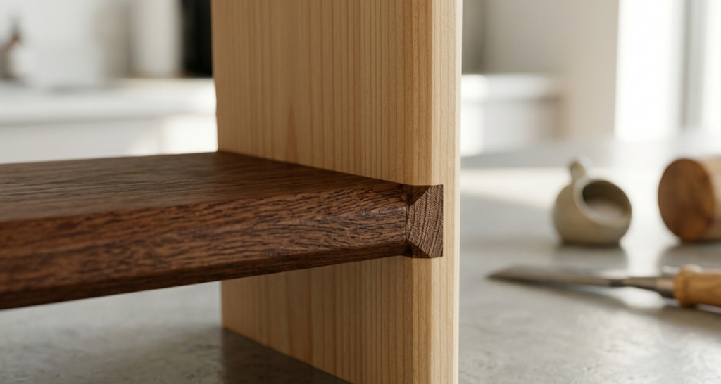 Close-up of a wooden shelf  showing mortice joint and a blurred backgrounding 