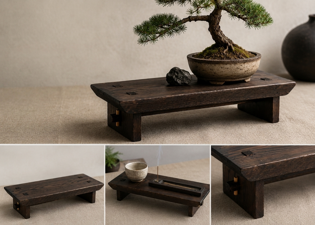 Wooden tray with a bonsai tree and other items on a neutral background