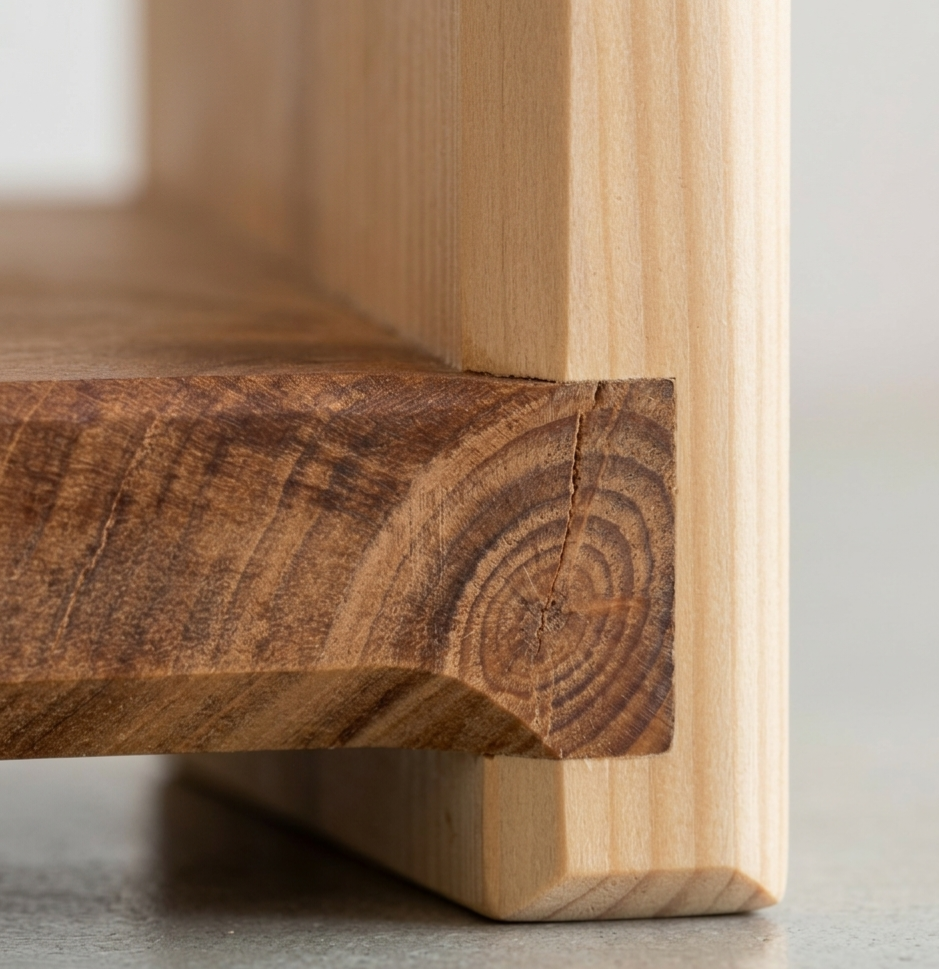 Close-up of a wooden shelf corner with visible grain and texture.