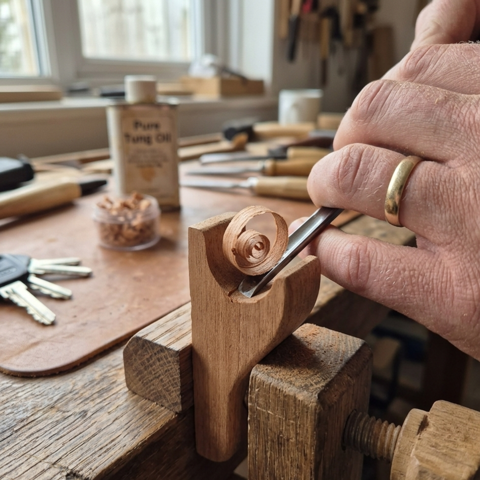Person  Hand Carving Wood,working a coat hool with tools and wood oil in the background
