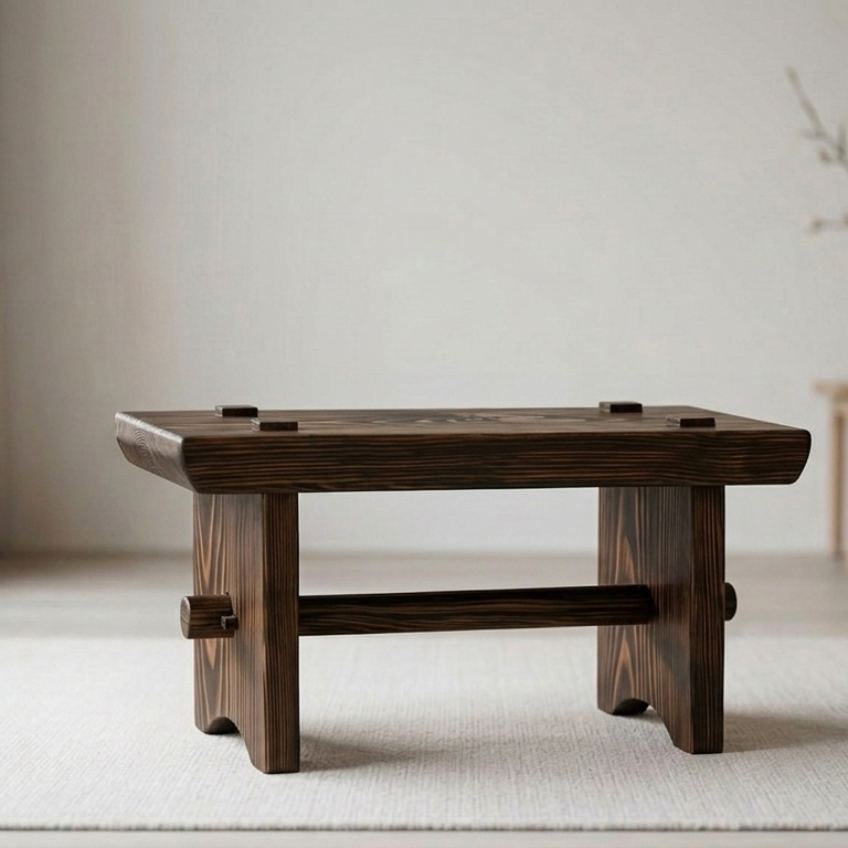 Wooden coffee table in a minimalistic room with light-colored walls and flooring.