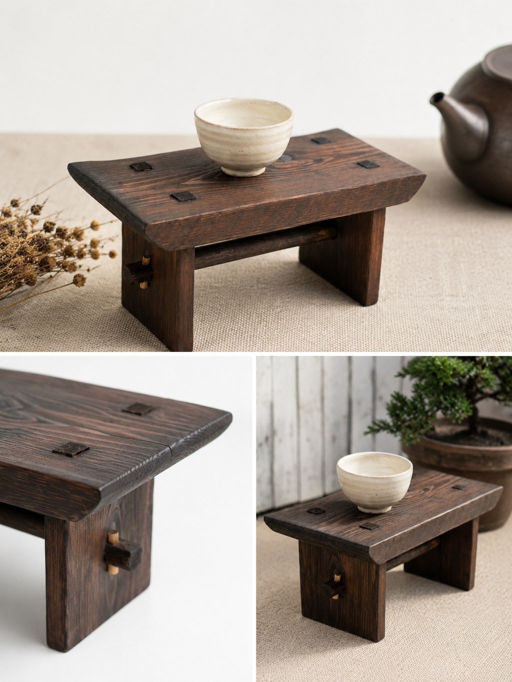 Small wooden table with a white bowl and a teapot on a beige surface.