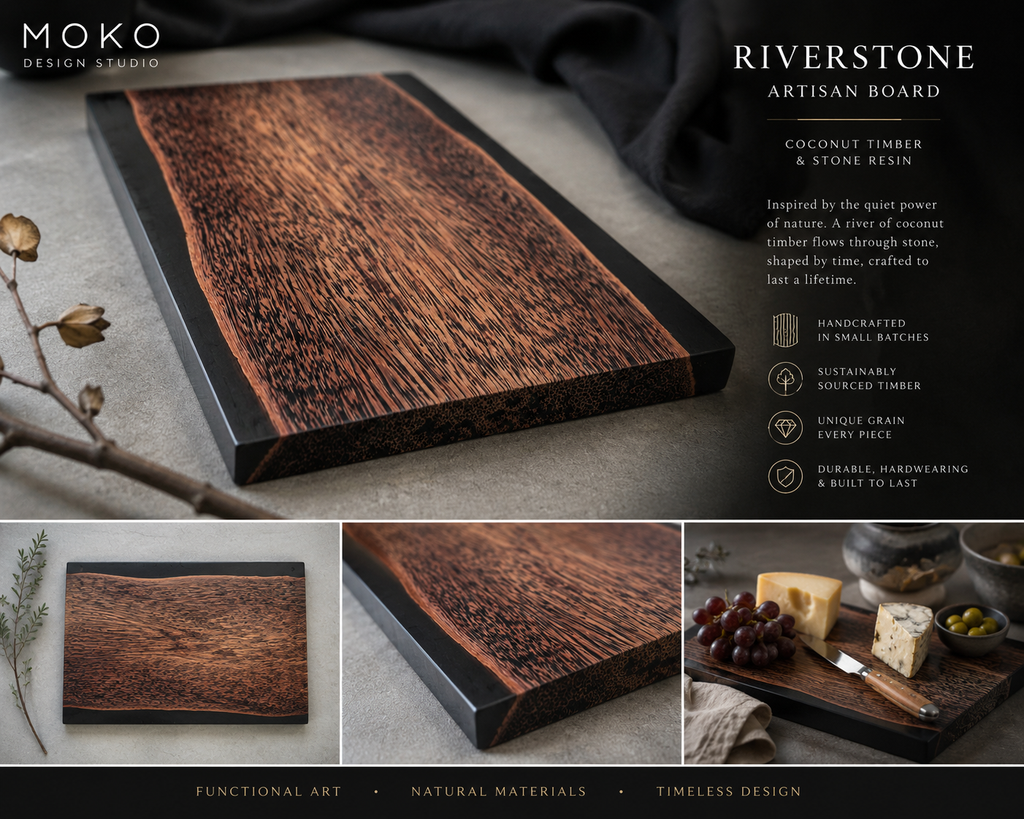 The RiverStone | Handcrafted Coconut Timber & Stone Resin Serving Board | Moku Original