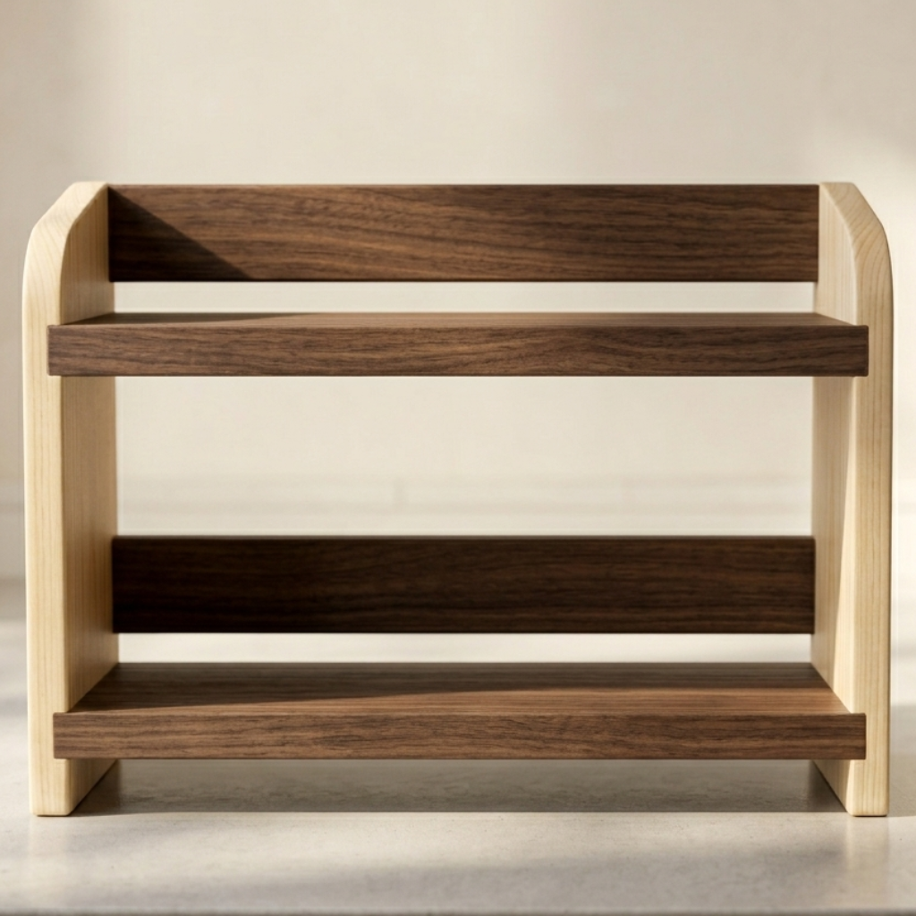 Wooden free standing counter top shelf, with two shelves on a neutral background.
