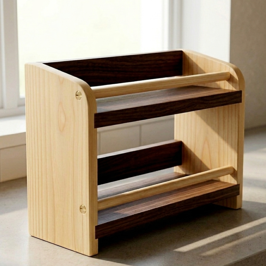 Wooden free standing counter top shelf, with two shelves on a neutral background.