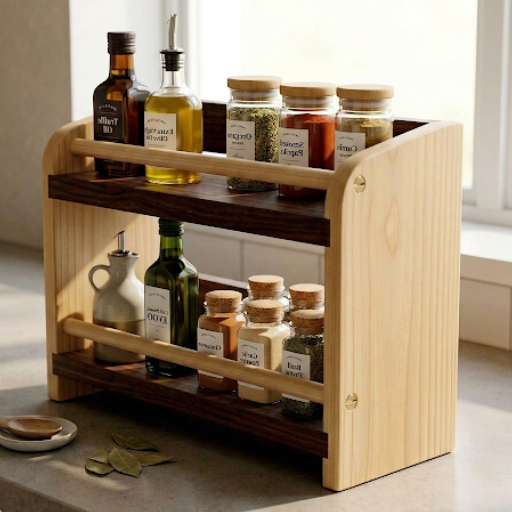 Wooden spice rack with various bottles on a kitchen counter