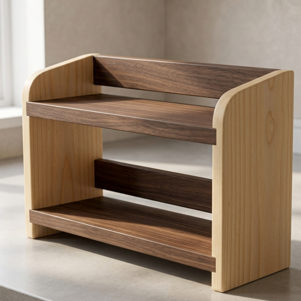 Wooden free standing counter top shelf, with two shelves on a neutral background.