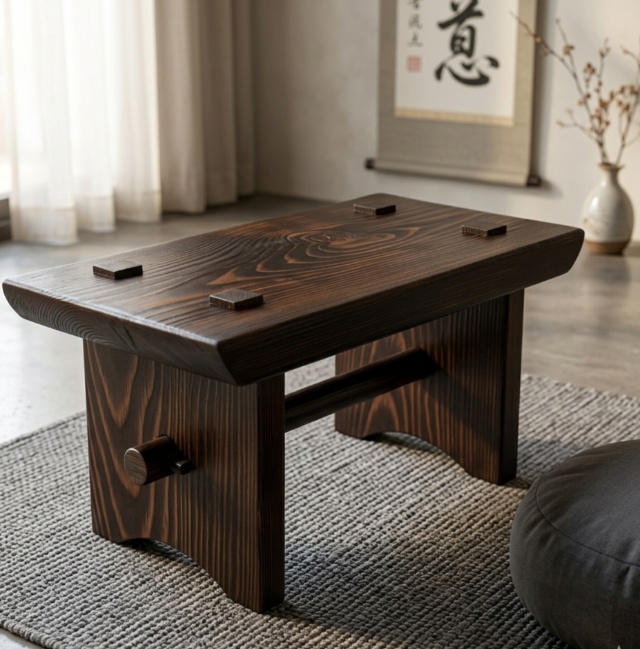 Wooden table in a room with a rug and decorative elements