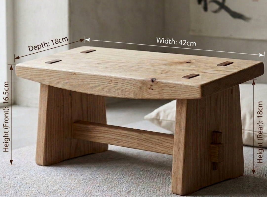 wooden stool on a carpet, close up with text graphics displaying dimensions