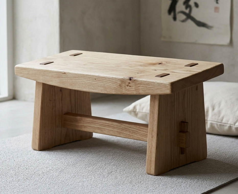 Wooden bench in a room with a neutral color scheme, japandi design, soft lighting