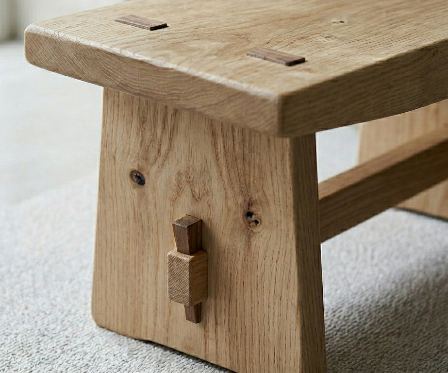 Wooden stool with rustic design on a white carpet
